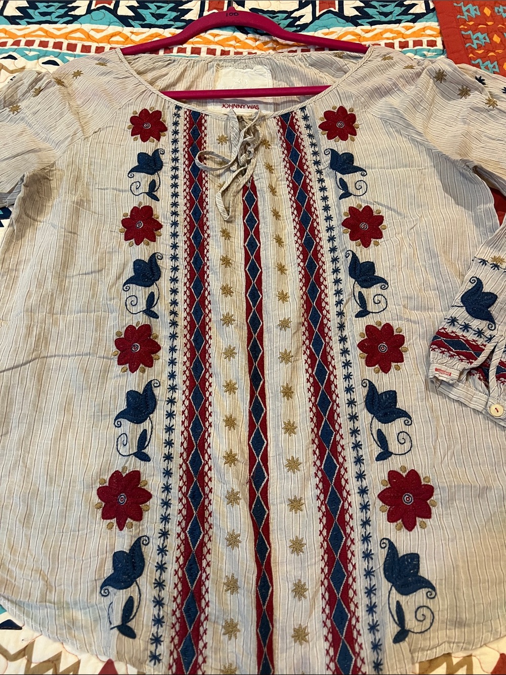 Johnny Was Cream Peasant Blouse with Red & Blue Embroidery